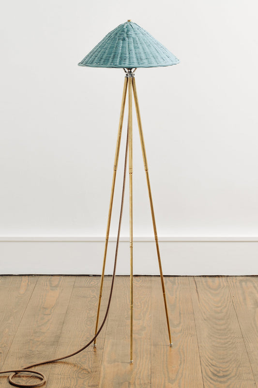'Horst' Tripod Lamp in Brass with Hand-Painted Woven Rattan 'Cocteau' Shade — Model No. 010 - Tennant New York