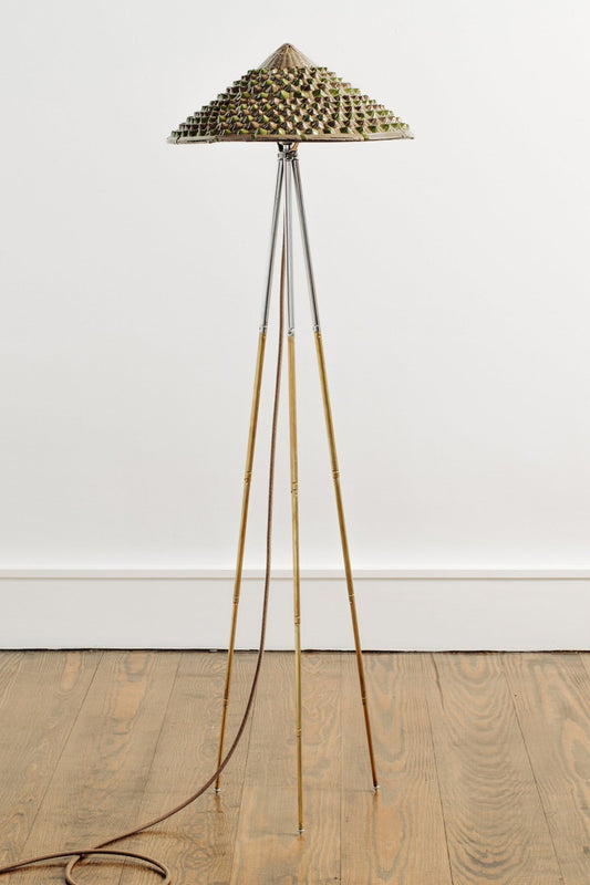 'Horst' Tripod Lamp in Chrome and Brass with Hand-Painted Pangolin Shade — Model No. 007 - Tennant New York