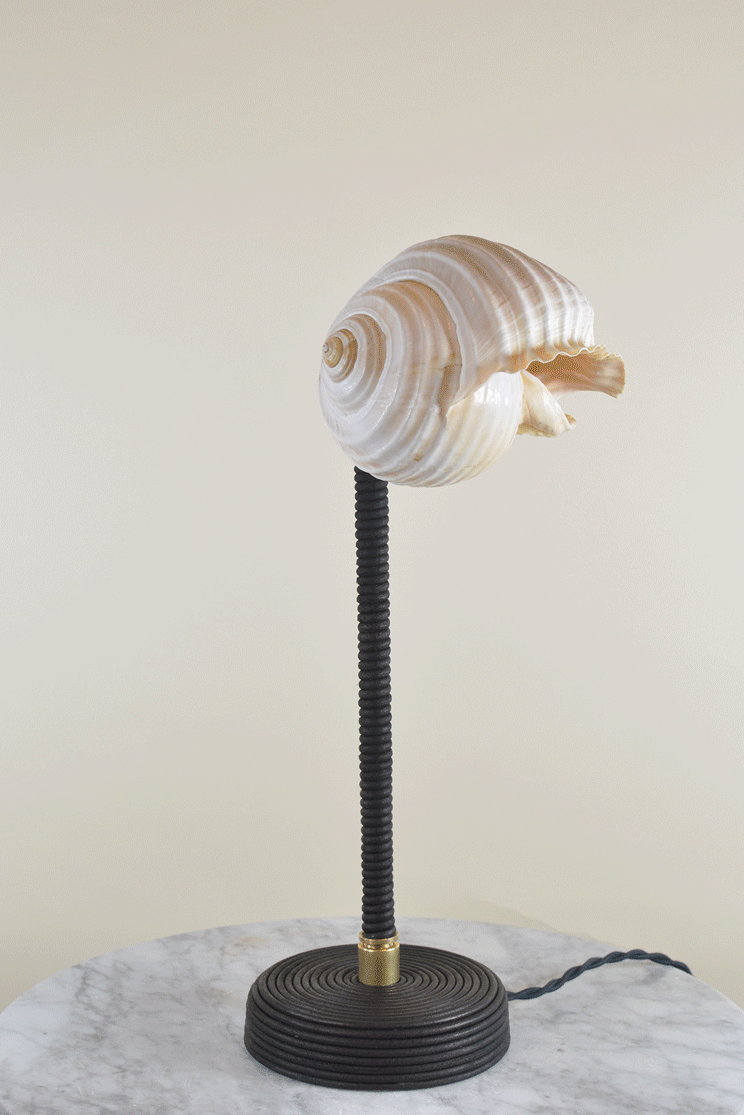 ‘L’Escargot Lamp’ in Coiled Black Leather with Natural Sea Snail Shade—Model No. 025 - Tennant New York