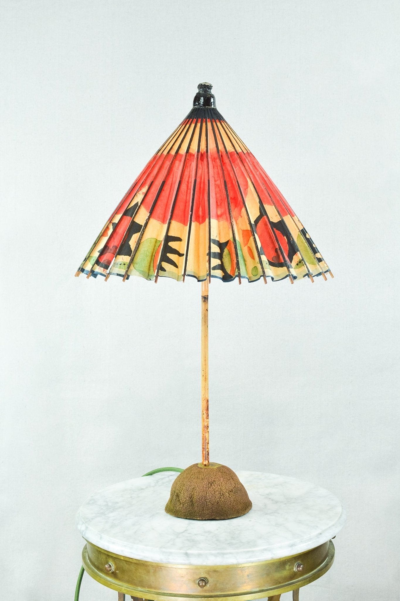 'Prairie Modern' Bamboo Table Lamp with Coconut Base and Vintage Japanese Parasol Shade — Model No. 017 - Tennant New York