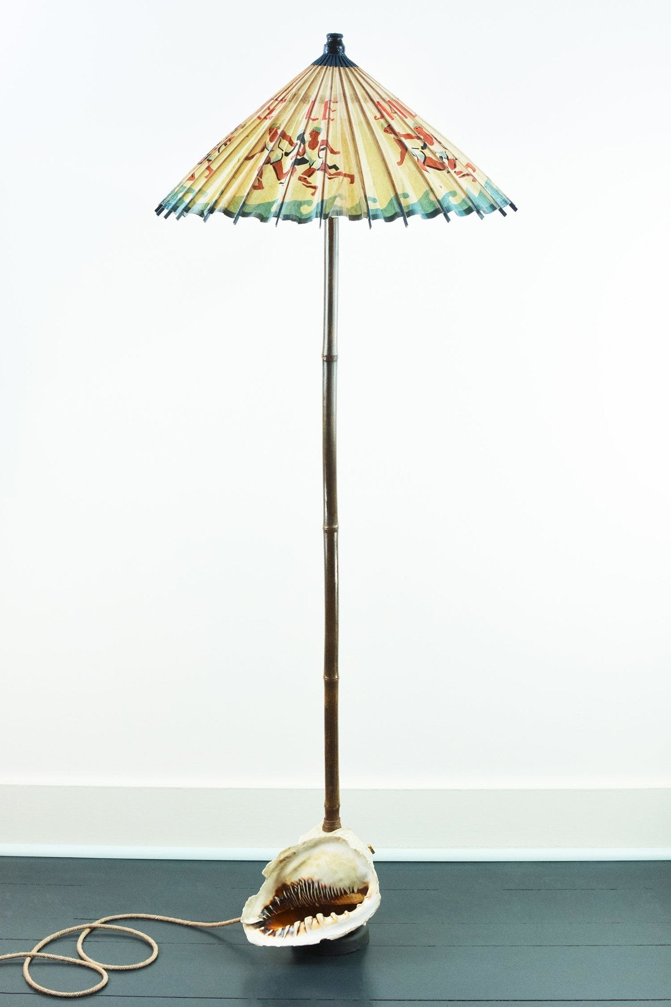 'Queen Helmet Conch Shell' Black Bamboo Floor Lamp with French Parasol Shade — Model No. 014 - Tennant New York