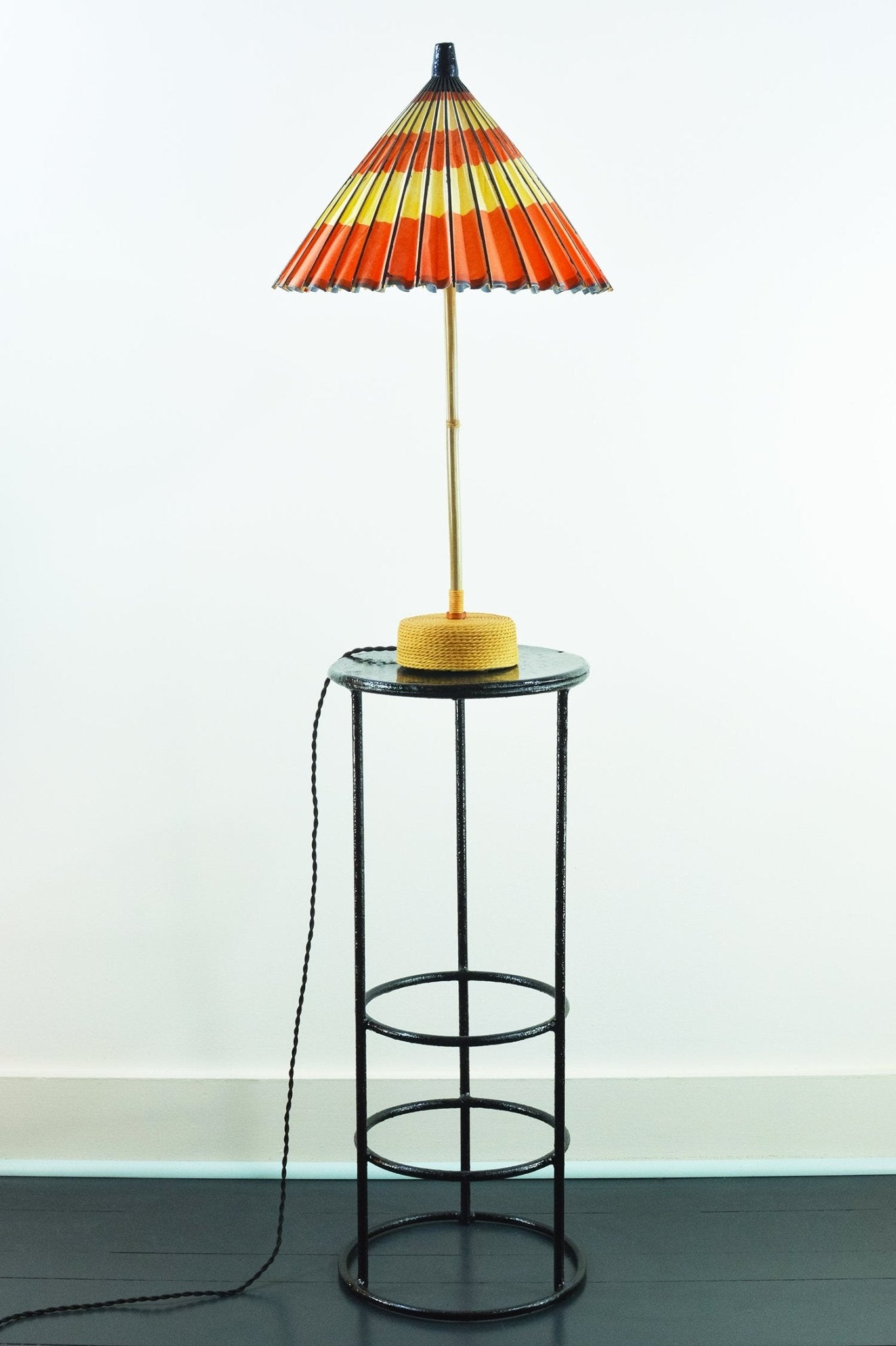 Red Spiral 'World's Fair' Table Lamp with Parasol Shade and Coiled Seagrass Base — Model No. 012 - Tennant New York