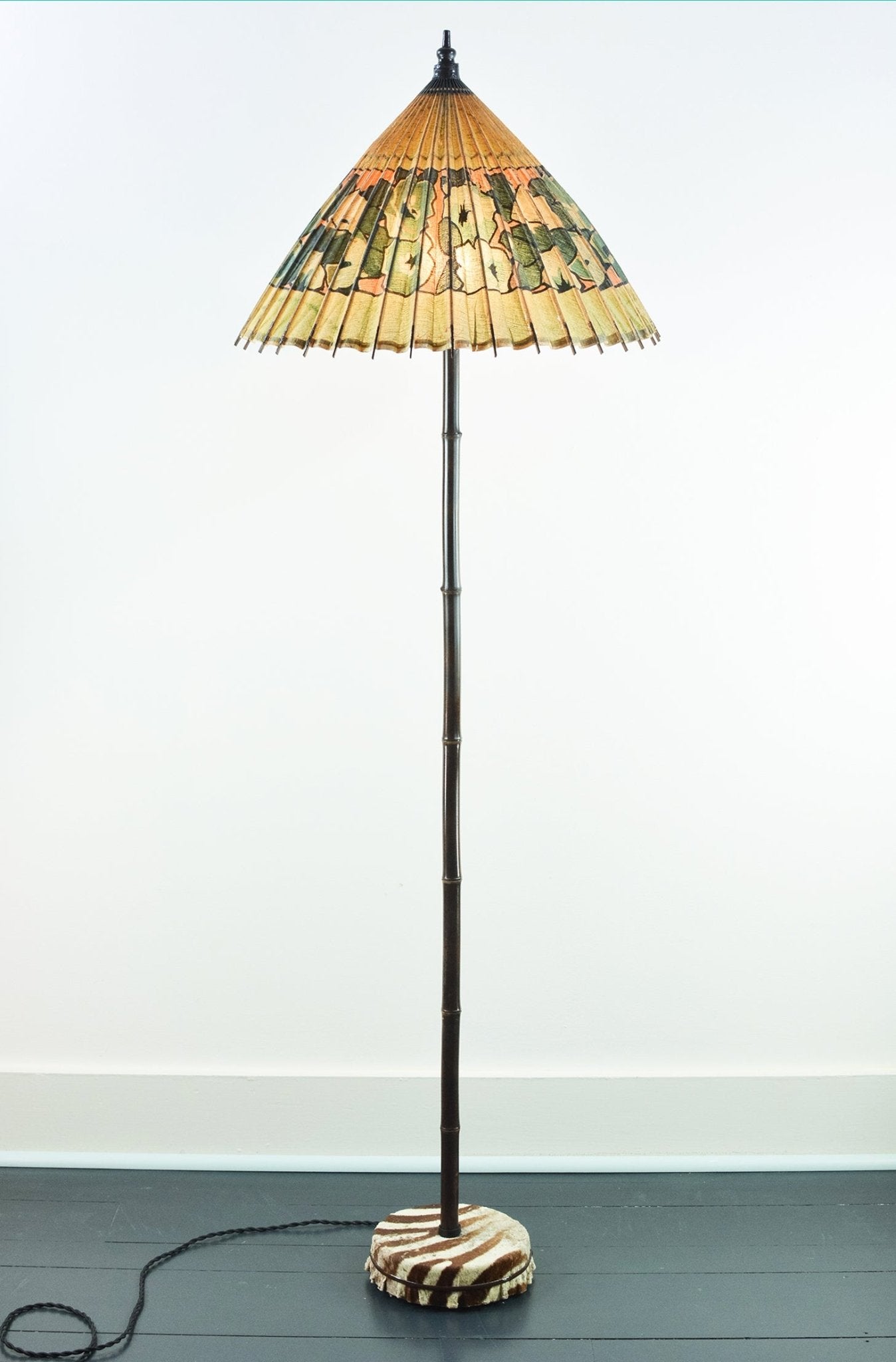 'Zebra Lamp' in Black Bamboo with French Deco Parasol Shade and Vintage Hide-Covered Base — Model No. 013 - Tennant New York